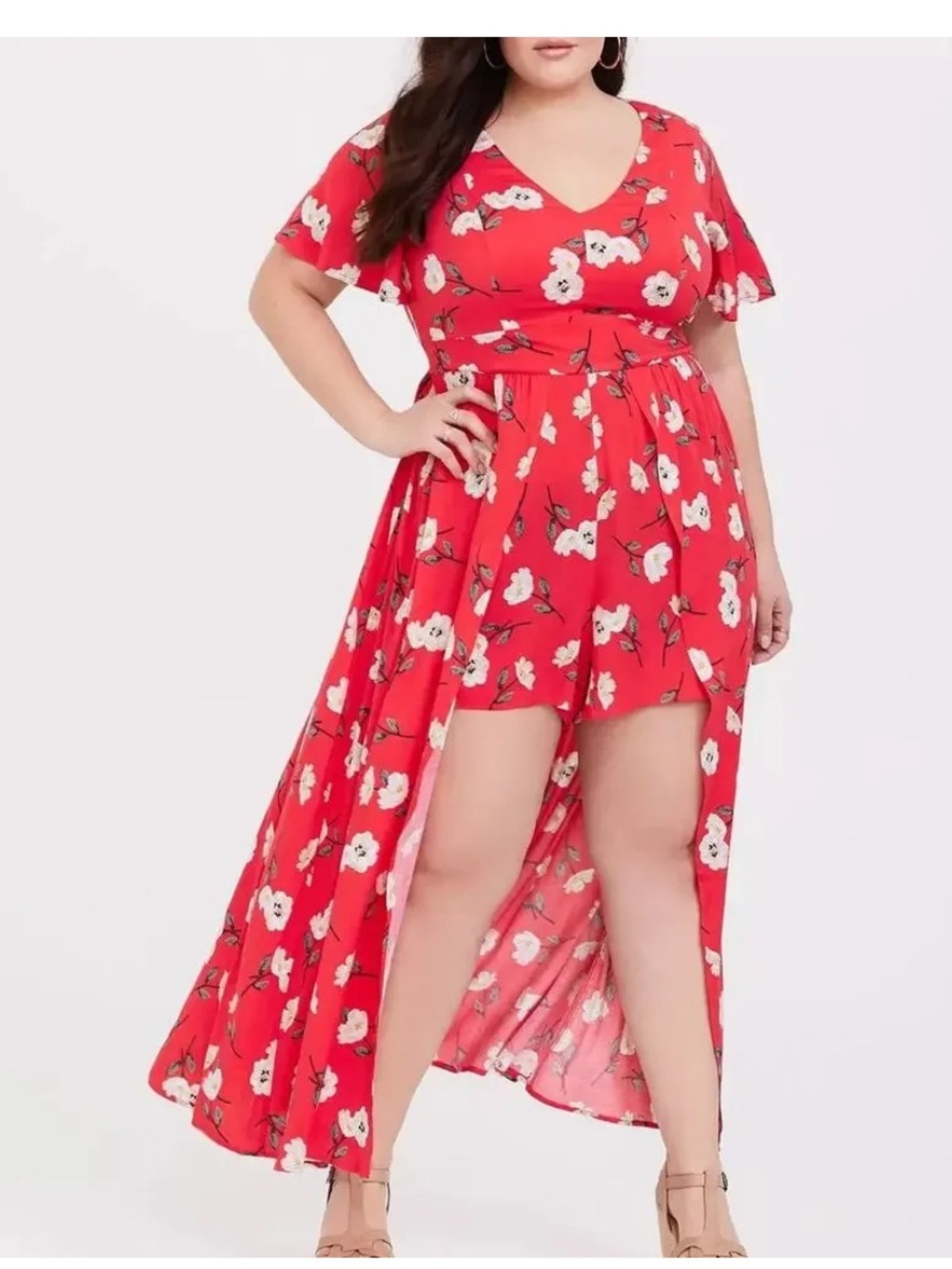 Torrid Floral Maxi Challis Walk-Through Dress In Vibrant Salmon Pink Color - Picture 4 of 10